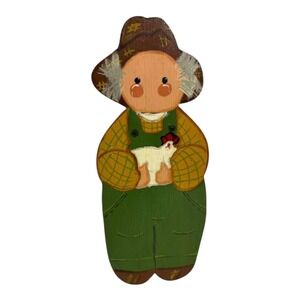 Vintage Wooden Folk Art Farmer Holding Hen Figurine Farmhouse Decor‎